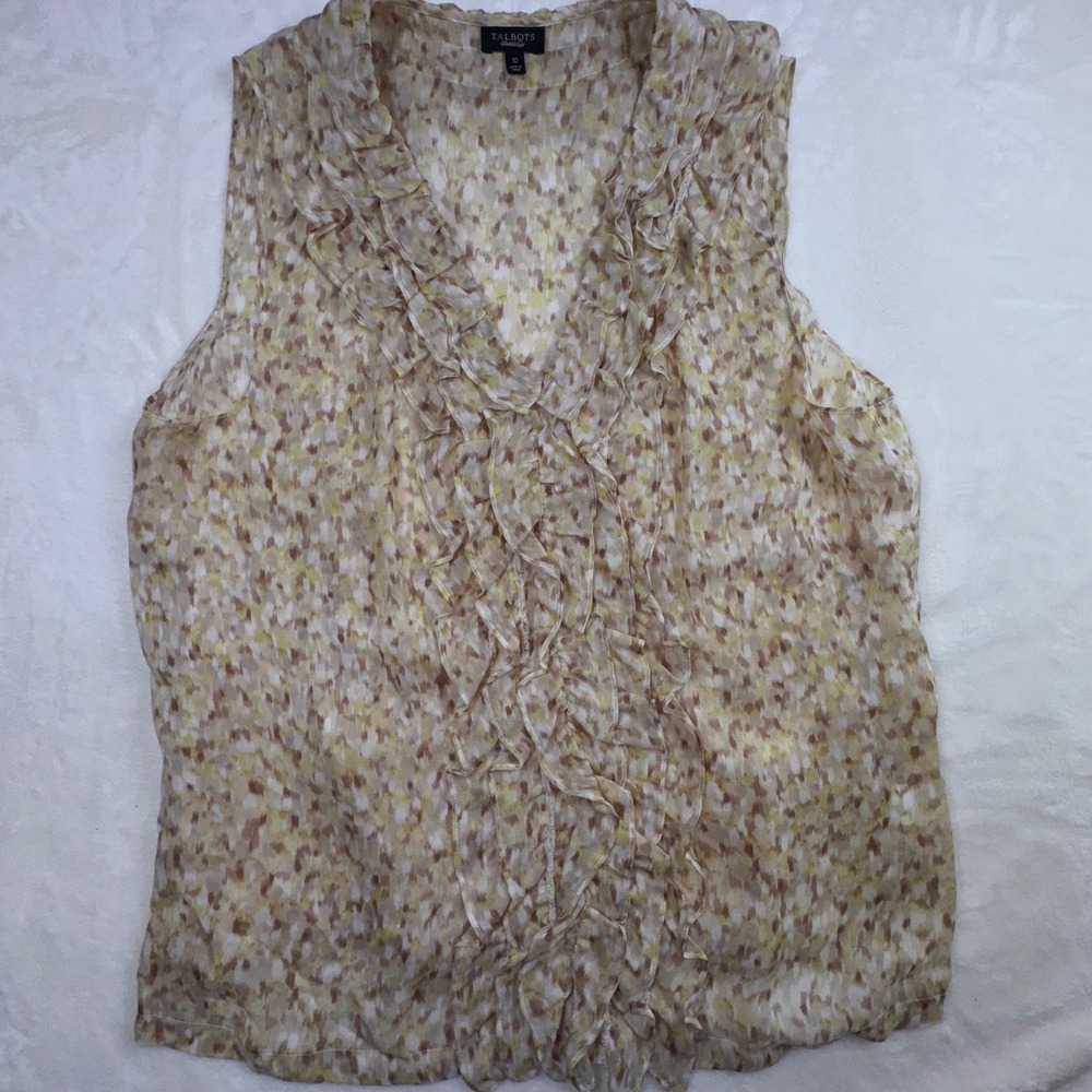 Talbots Blouse Womens 10 Tan Silk Ruffle V-Neck Sleeveless Abstract Ikat Top - Picture 2 of 8